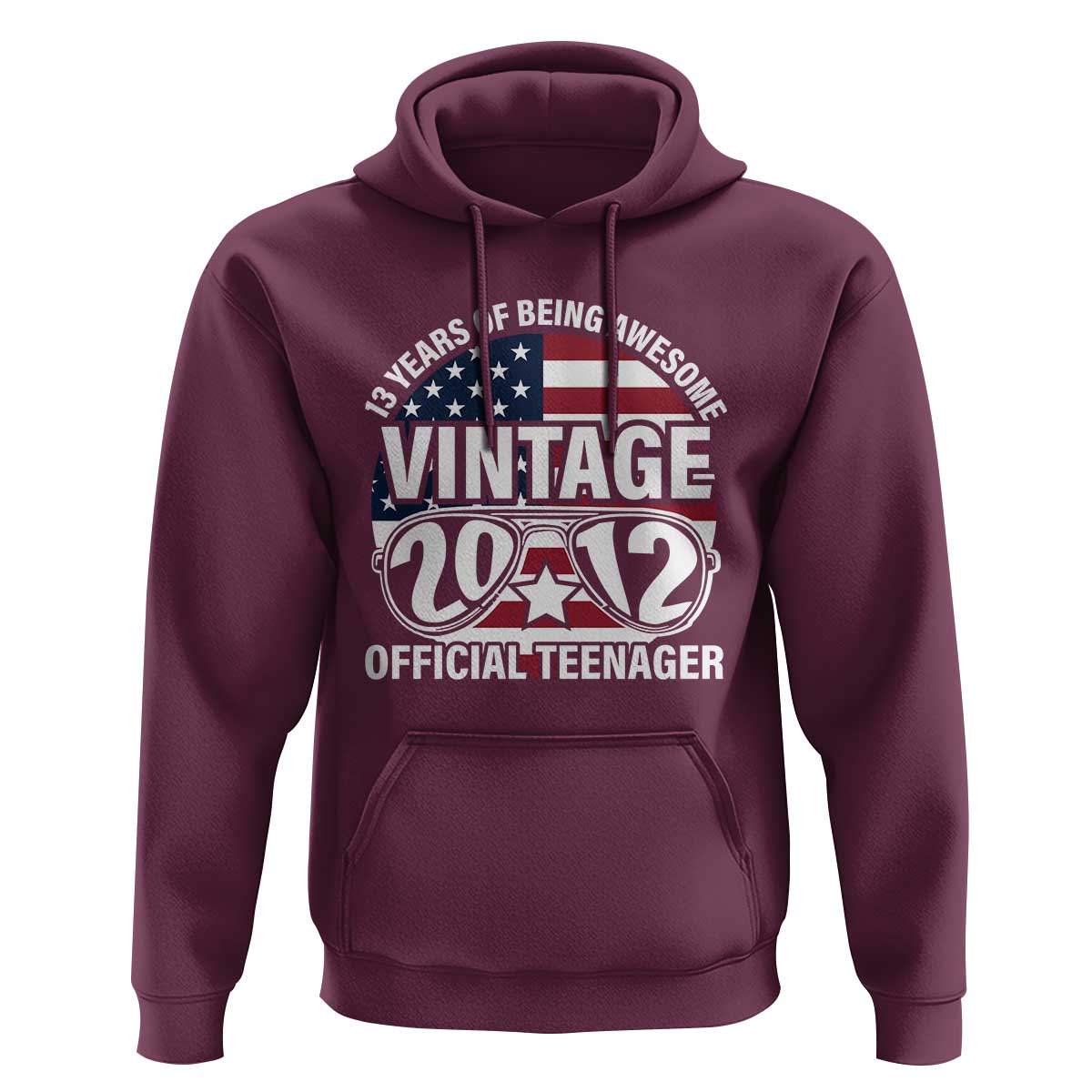 Funny 13th Birthday Hoodie Vintage 2012 Official Teenager 13 Years Of Being Awesome USA Flag Sunglasses