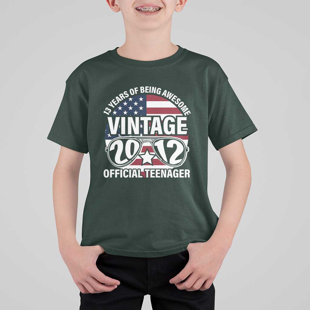 Funny 13th Birthday T Shirt For Kid Vintage 2012 Official Teenager 13 Years Of Being Awesome USA Flag Sunglasses