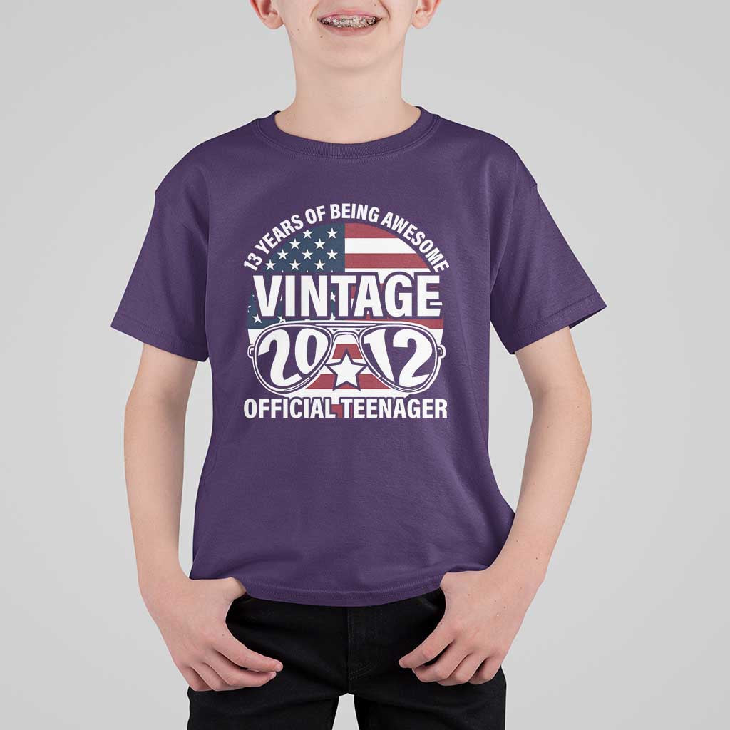 Funny 13th Birthday T Shirt For Kid Vintage 2012 Official Teenager 13 Years Of Being Awesome USA Flag Sunglasses