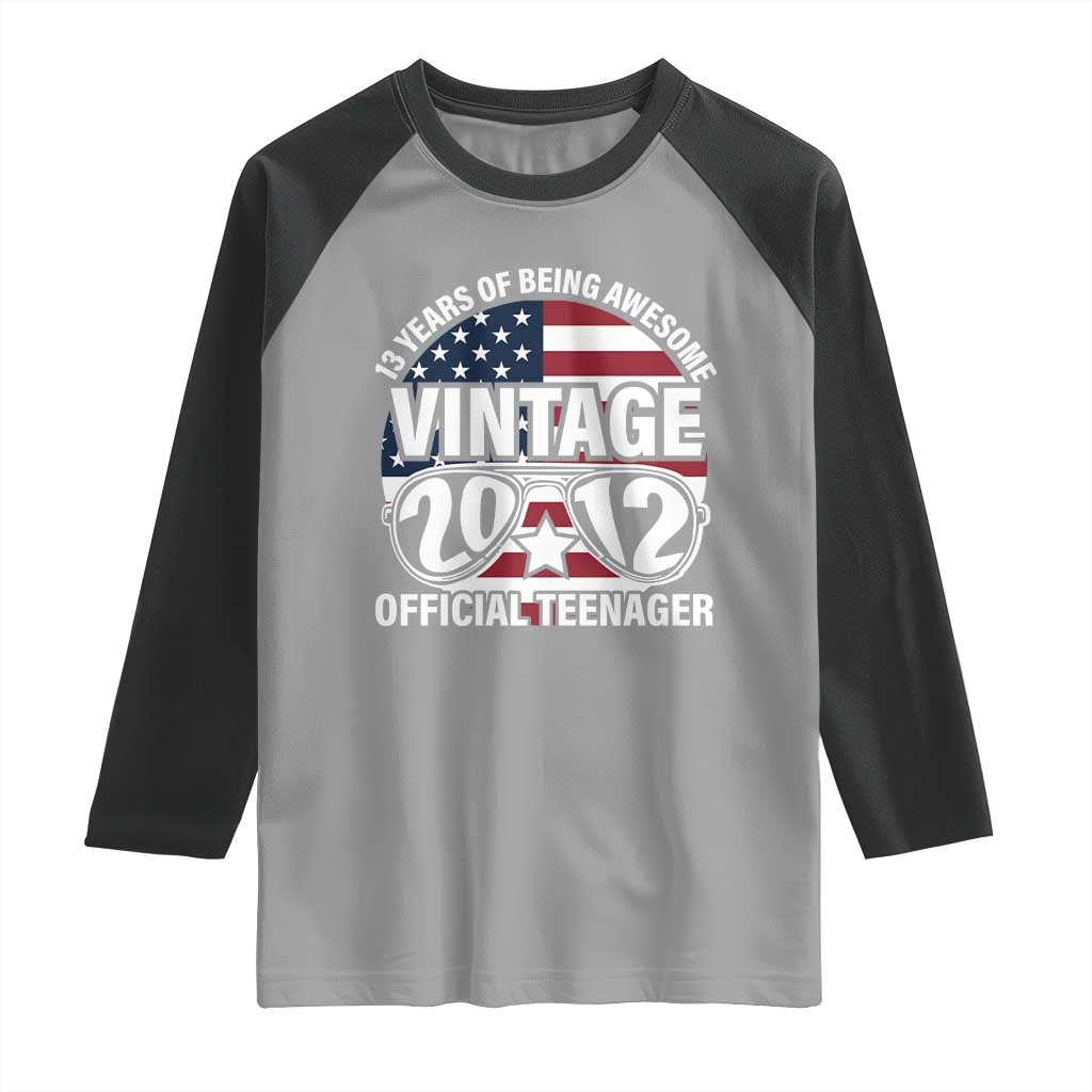 Funny 13th Birthday Raglan Shirt Vintage 2012 Official Teenager 13 Years Of Being Awesome USA Flag Sunglasses