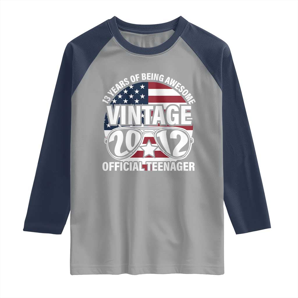 Funny 13th Birthday Raglan Shirt Vintage 2012 Official Teenager 13 Years Of Being Awesome USA Flag Sunglasses