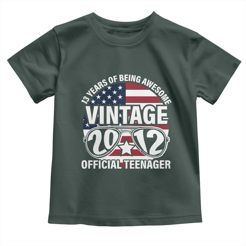 Funny 13th Birthday Toddler T Shirt Vintage 2012 Official Teenager 13 Years Of Being Awesome USA Flag Sunglasses