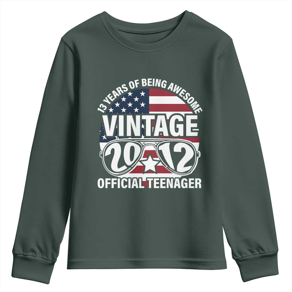 Funny 13th Birthday Youth Sweatshirt Vintage 2012 Official Teenager 13 Years Of Being Awesome USA Flag Sunglasses