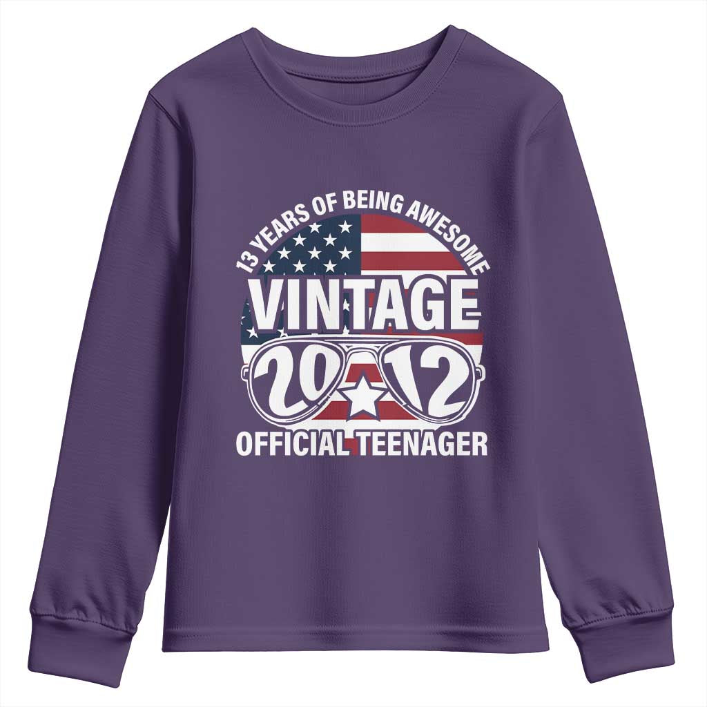 Funny 13th Birthday Youth Sweatshirt Vintage 2012 Official Teenager 13 Years Of Being Awesome USA Flag Sunglasses