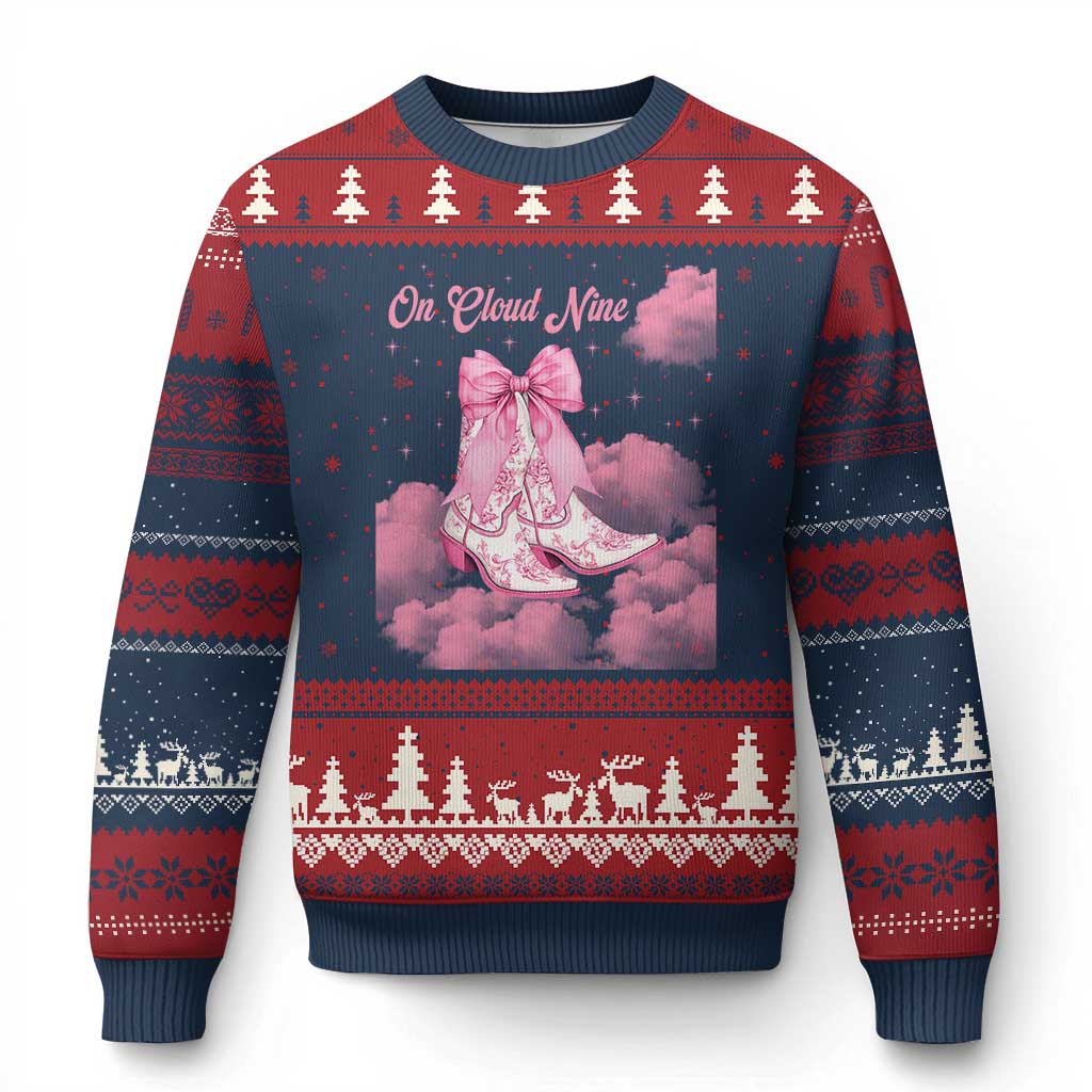 On Cloud Nine Ugly Christmas Sweater 9th Birthday Bday Girl Pink Coquette Cowgirl Boots