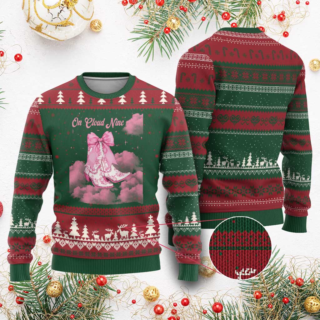 On Cloud Nine Ugly Christmas Sweater 9th Birthday Bday Girl Pink Coquette Cowgirl Boots