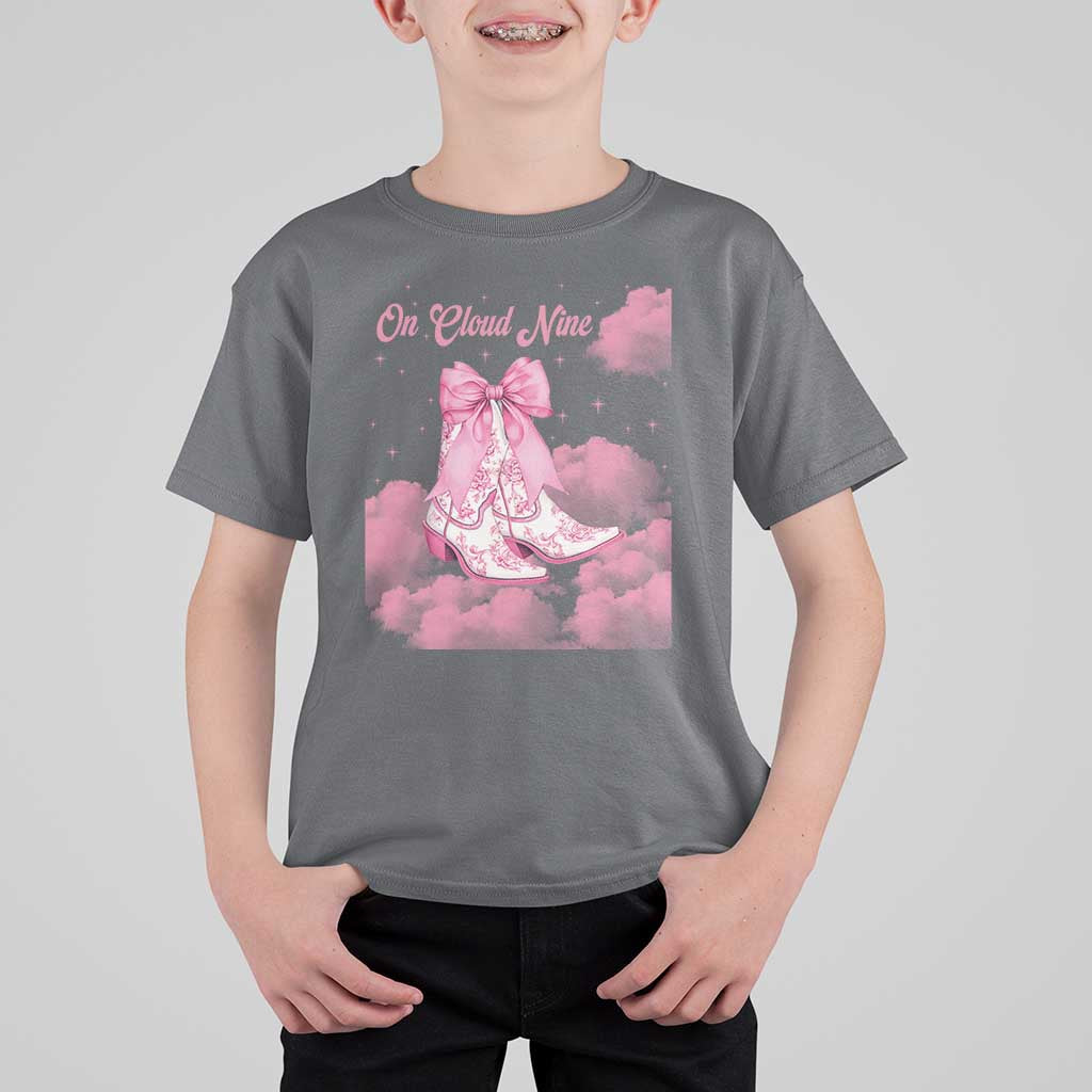 On Cloud Nine T Shirt For Kid 9th Birthday Bday Girl Pink Coquette Cowgirl Boots