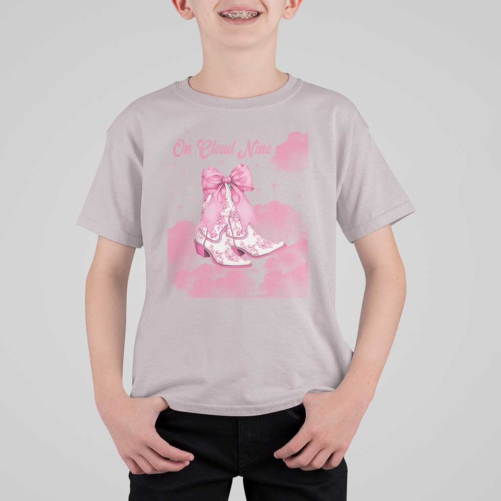 On Cloud Nine T Shirt For Kid 9th Birthday Bday Girl Pink Coquette Cowgirl Boots