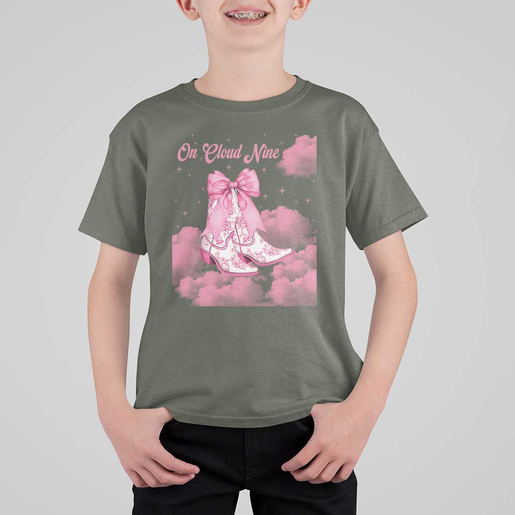 On Cloud Nine T Shirt For Kid 9th Birthday Bday Girl Pink Coquette Cowgirl Boots