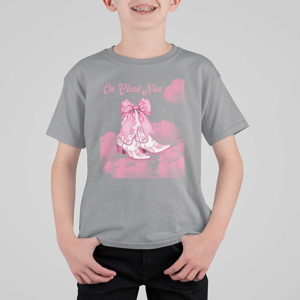 On Cloud Nine T Shirt For Kid 9th Birthday Bday Girl Pink Coquette Cowgirl Boots
