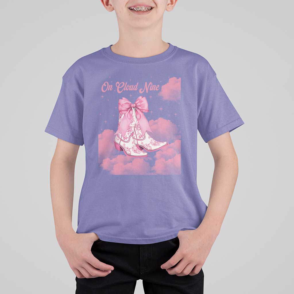 On Cloud Nine T Shirt For Kid 9th Birthday Bday Girl Pink Coquette Cowgirl Boots