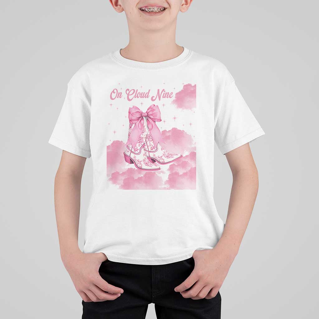 On Cloud Nine T Shirt For Kid 9th Birthday Bday Girl Pink Coquette Cowgirl Boots