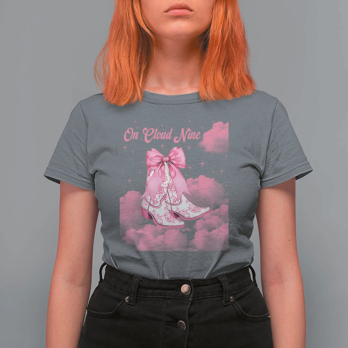 On Cloud Nine T Shirt For Women 9th Birthday Bday Girl Pink Coquette Cowgirl Boots