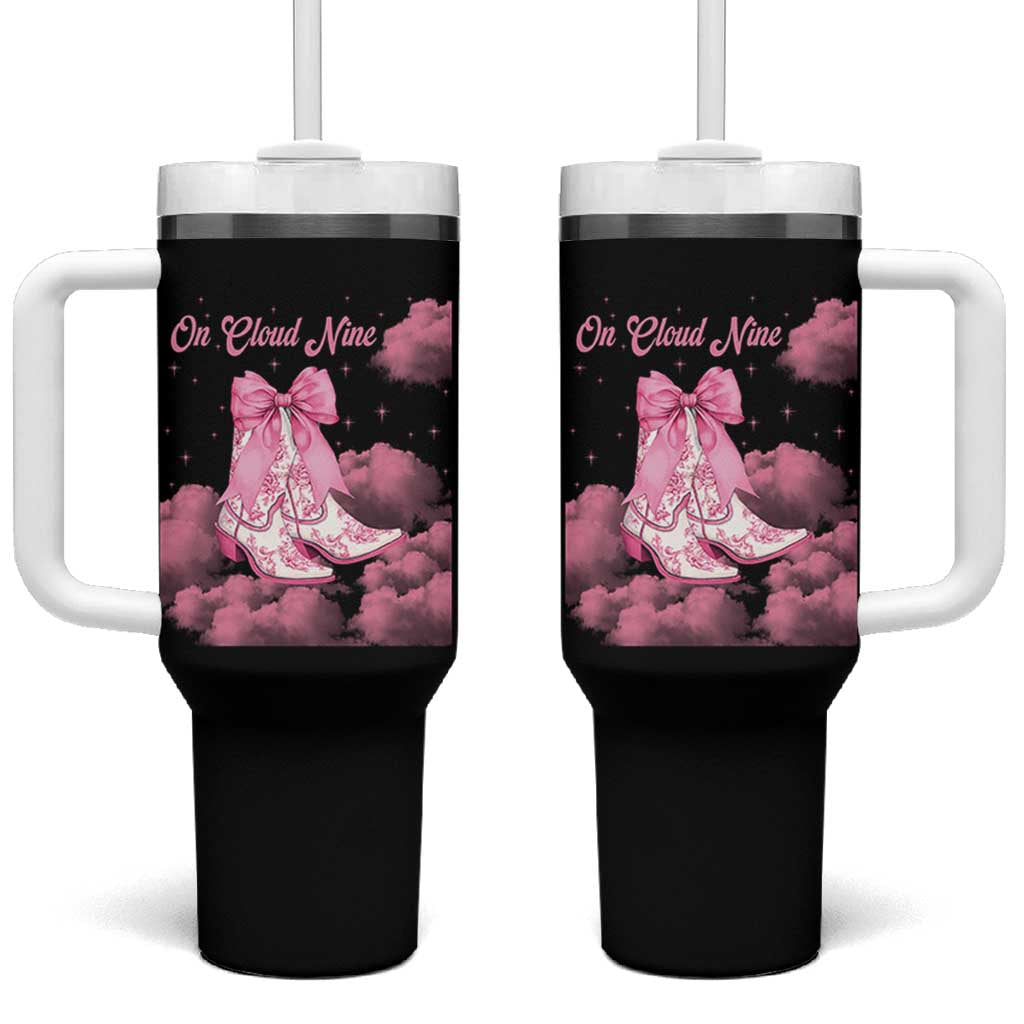 On Cloud Nine Tumbler With Handle 9th Birthday Bday Girl Pink Coquette Cowgirl Boots