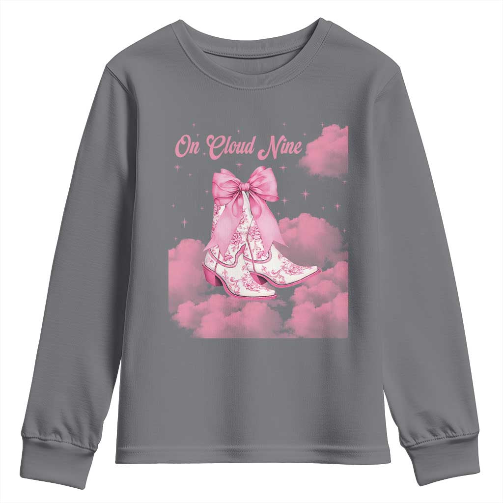 On Cloud Nine Youth Sweatshirt 9th Birthday Bday Girl Pink Coquette Cowgirl Boots