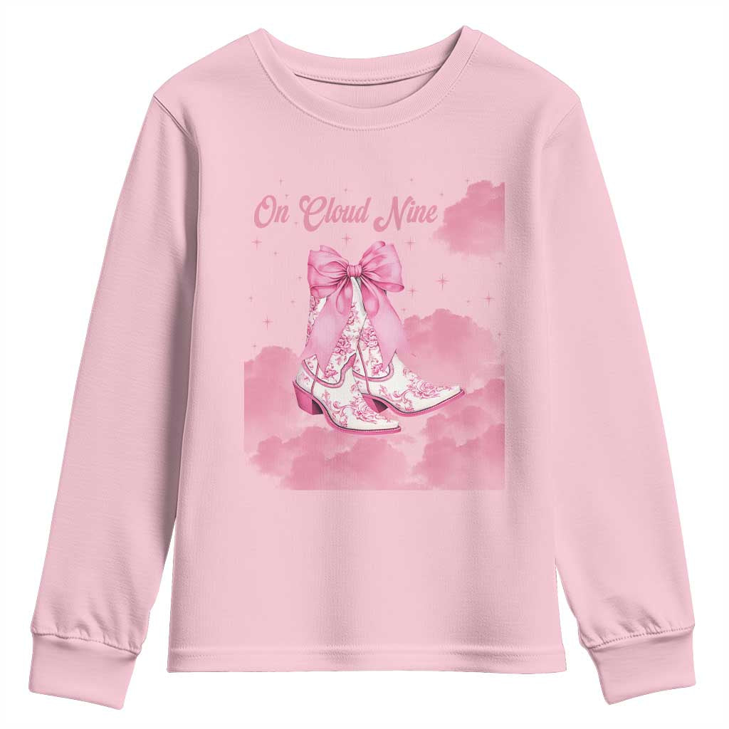 On Cloud Nine Youth Sweatshirt 9th Birthday Bday Girl Pink Coquette Cowgirl Boots