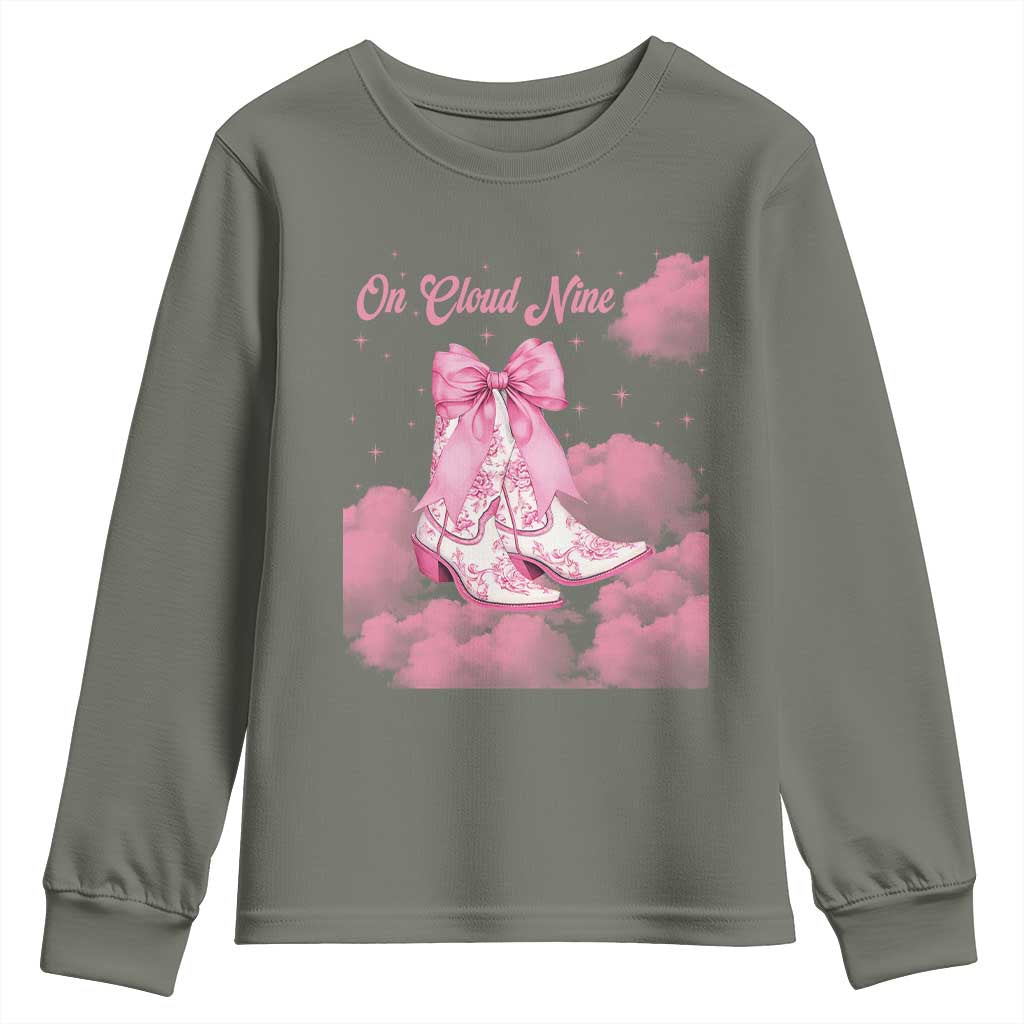 On Cloud Nine Youth Sweatshirt 9th Birthday Bday Girl Pink Coquette Cowgirl Boots