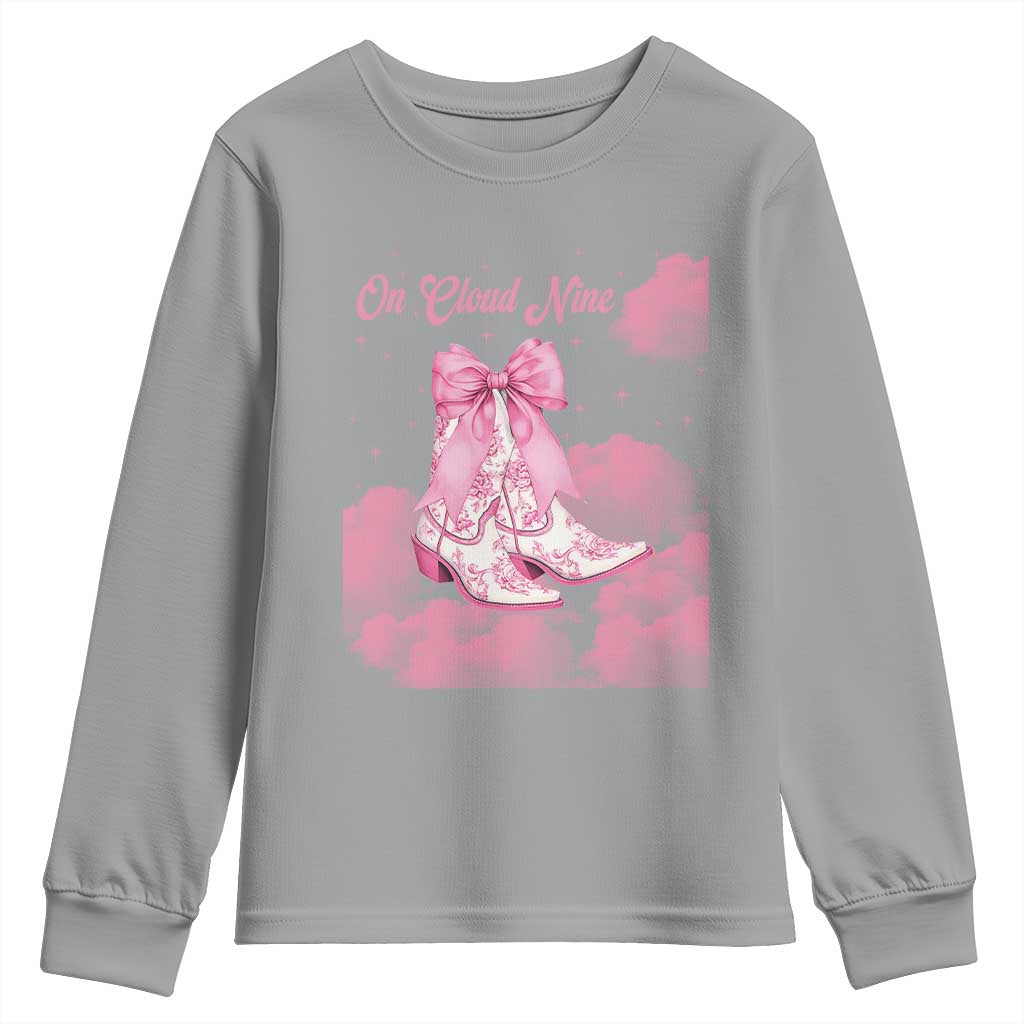 On Cloud Nine Youth Sweatshirt 9th Birthday Bday Girl Pink Coquette Cowgirl Boots
