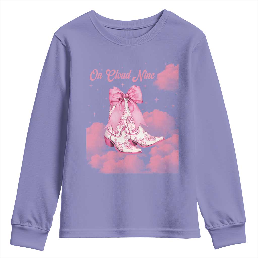 On Cloud Nine Youth Sweatshirt 9th Birthday Bday Girl Pink Coquette Cowgirl Boots