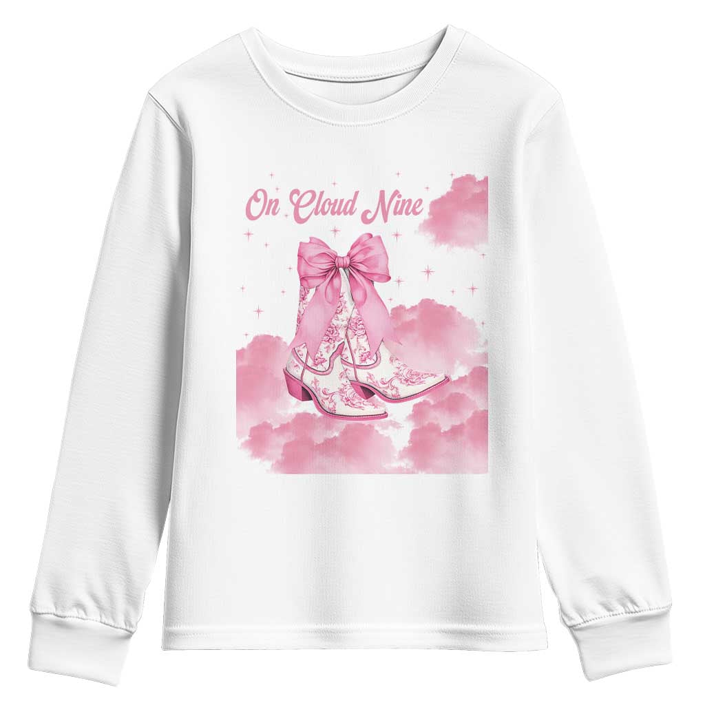 On Cloud Nine Youth Sweatshirt 9th Birthday Bday Girl Pink Coquette Cowgirl Boots