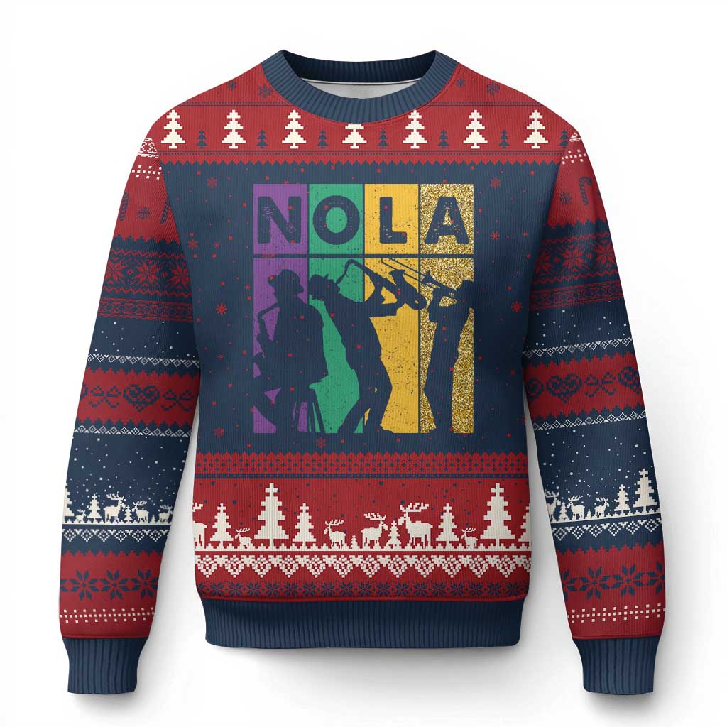 Mardi Gras NOLA New Orleans Carnival Jazz Music Glitter Print Ugly Christmas Sweater