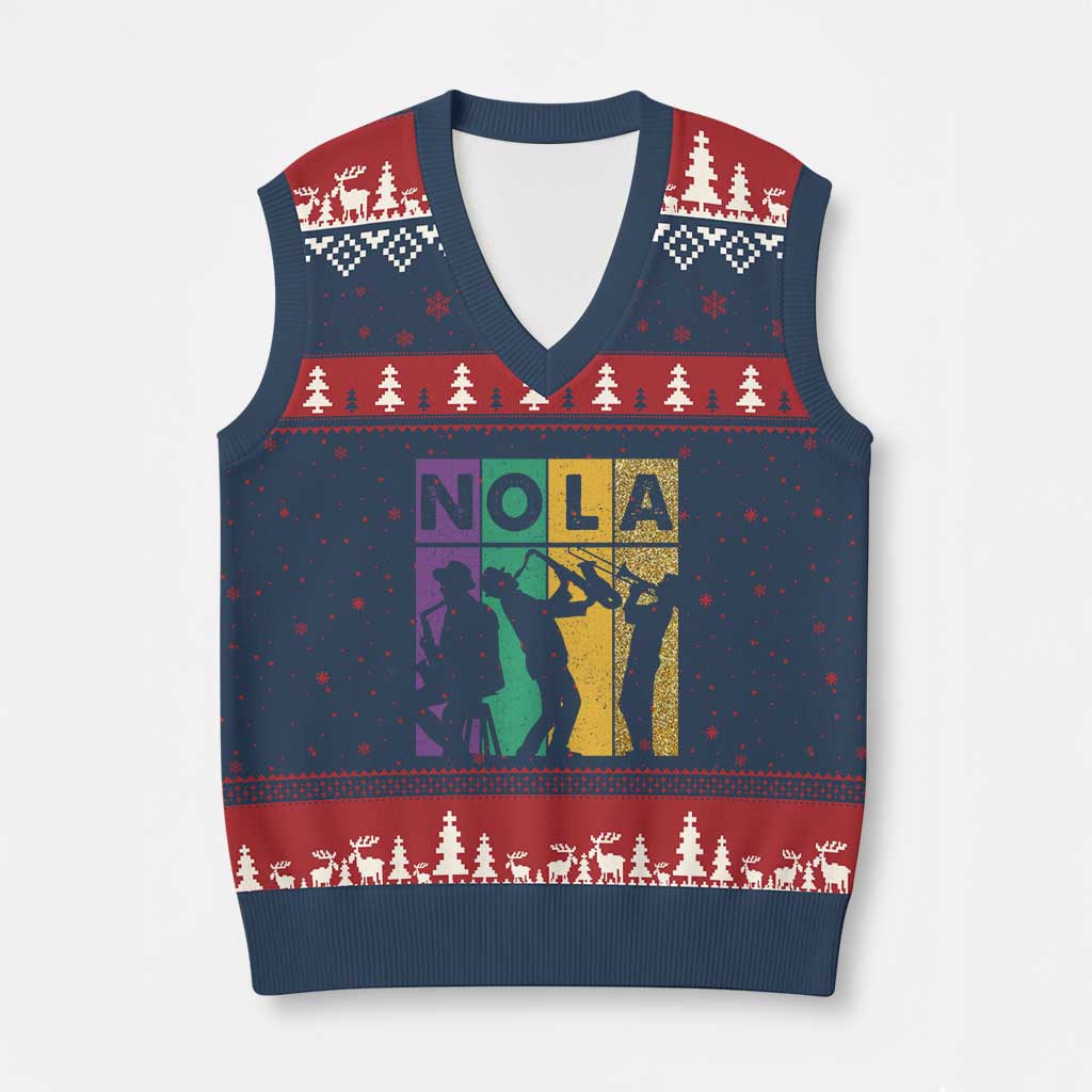 Mardi Gras NOLA New Orleans Carnival Jazz Music Glitter Print V-Neck Knit Sweater Vest
