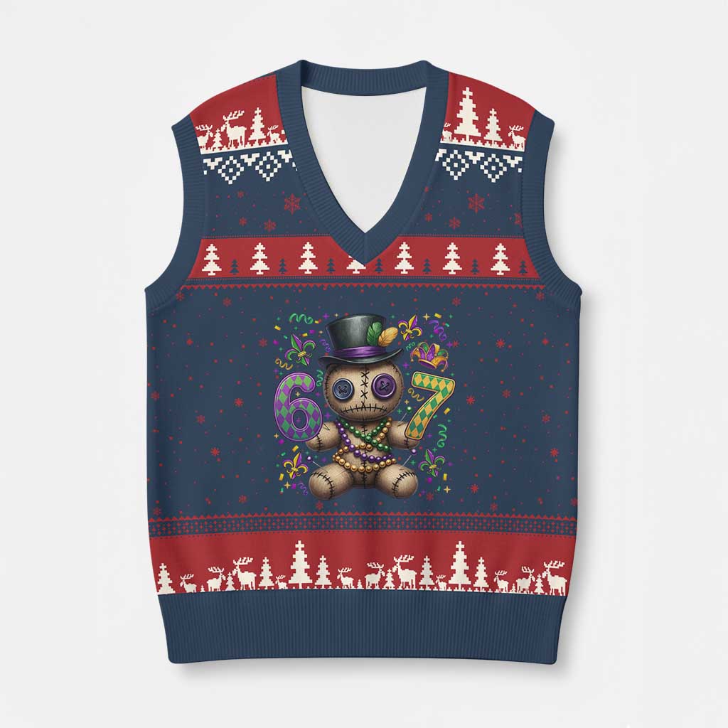 Funny Mardi Gras 67 Voodoo Doll V-Neck Knit Sweater Vest Fat Tuesday Six Seven Meme