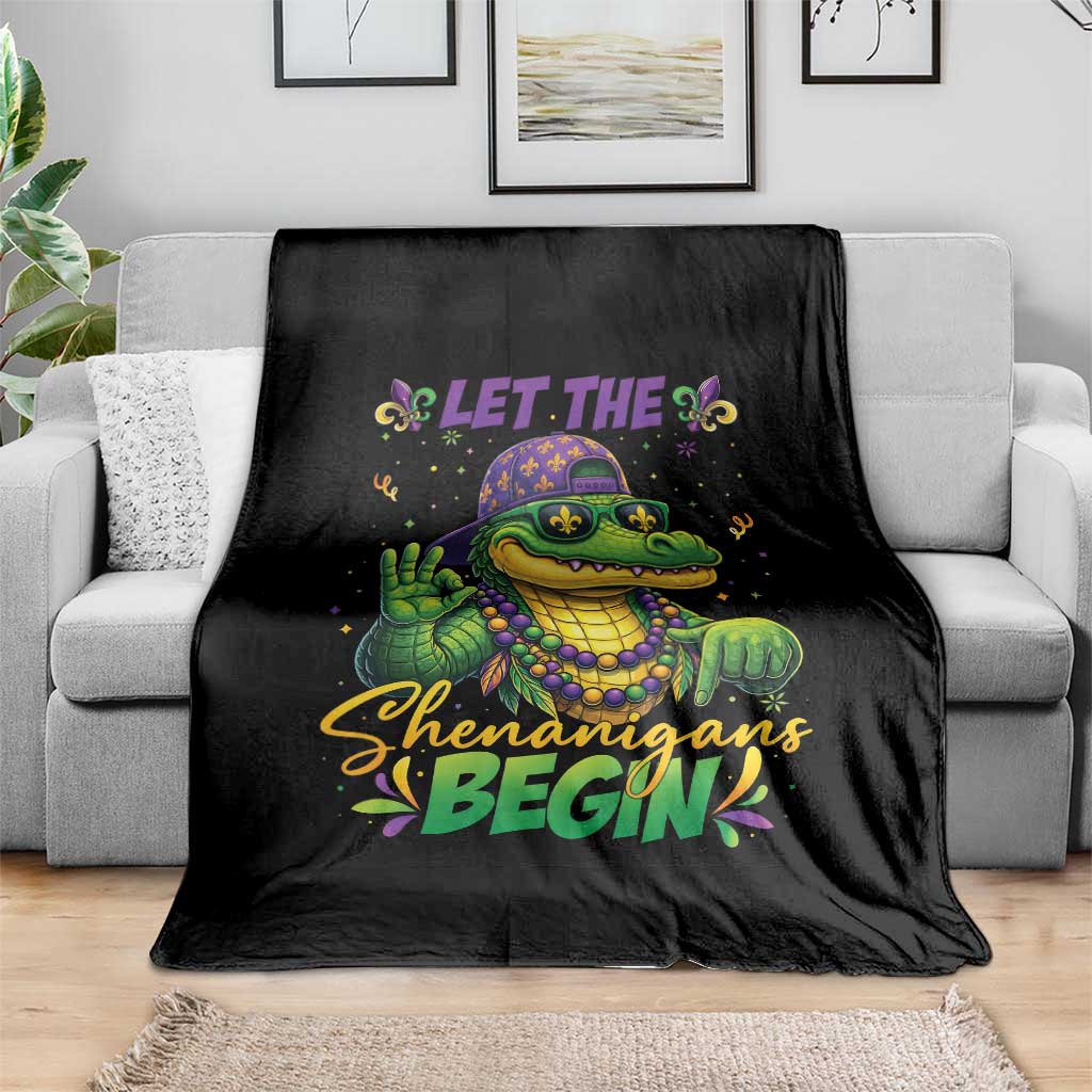 Let The Shenanigans Begin Mardi Gras 67 Meme Throw Blanket Funny Alligator Mardigator Six Seven