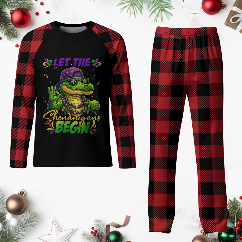 Let The Shenanigans Begin Mardi Gras 67 Meme Plaid Pajama Set Funny Alligator Mardigator Six Seven