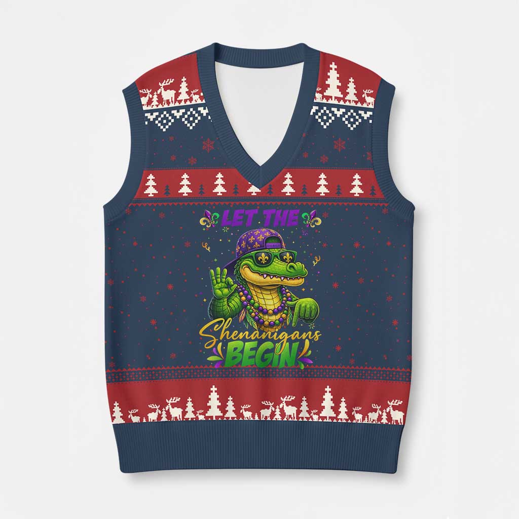 Let The Shenanigans Begin Mardi Gras 67 Meme V-Neck Knit Sweater Vest Funny Alligator Mardigator Six Seven