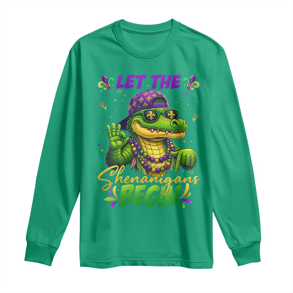 Let The Shenanigans Begin Mardi Gras 67 Meme Long Sleeve Shirt Funny Alligator Mardigator Six Seven