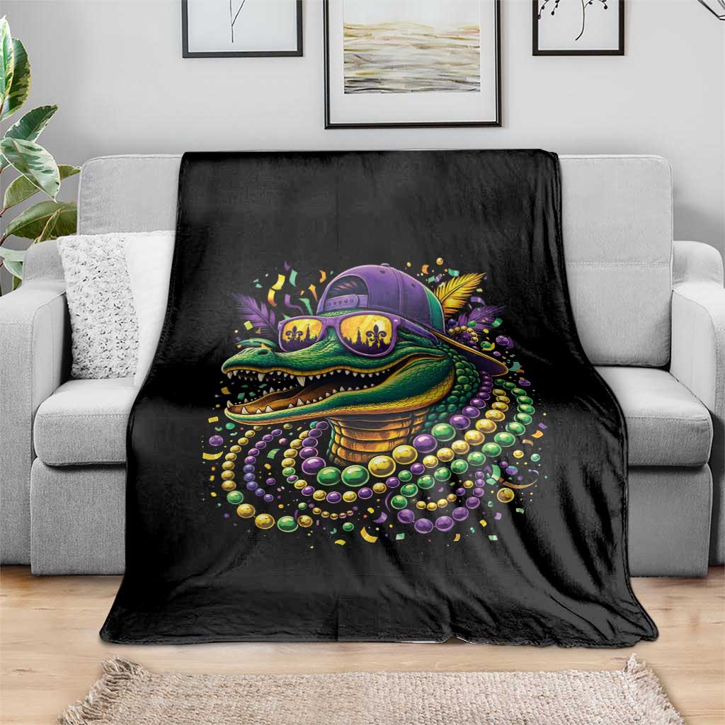 Mardigator Mardi Gras Alligator Carnival Beads Throw Blanket