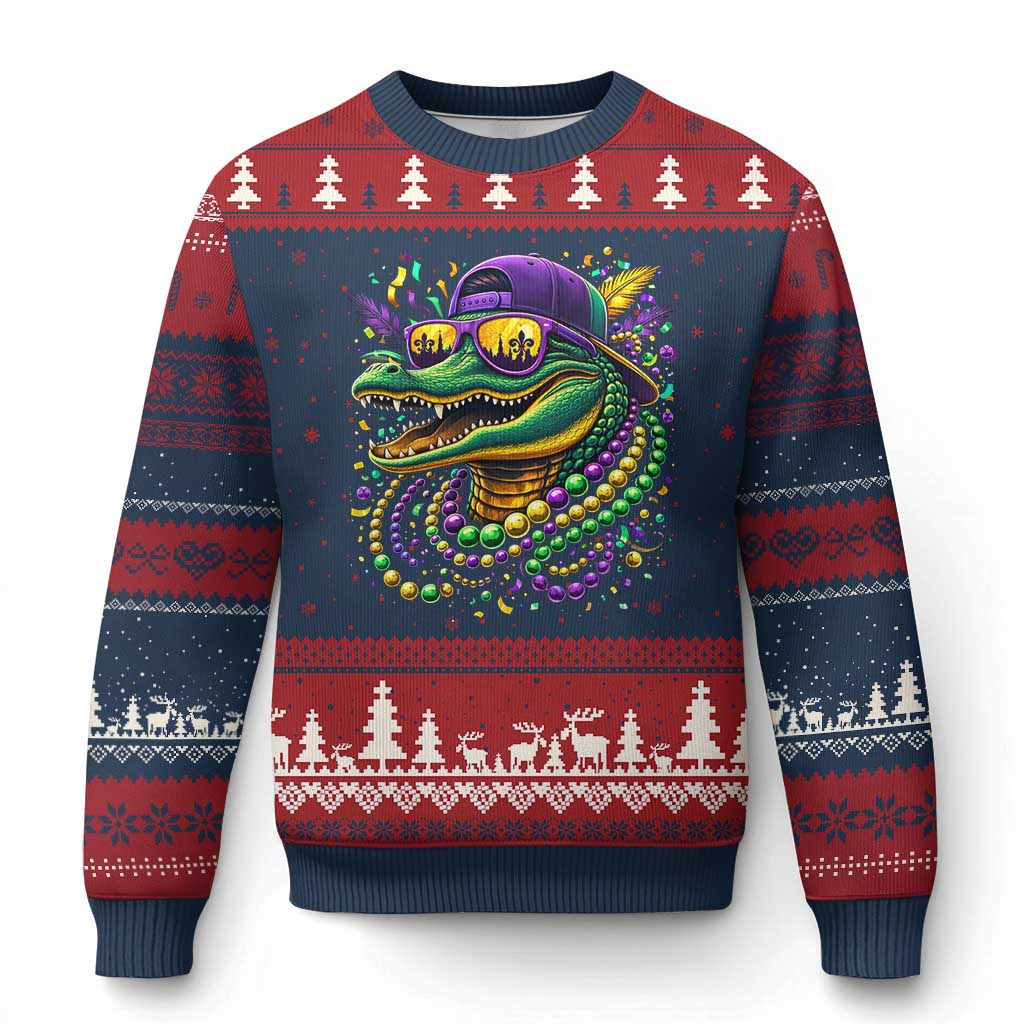 Mardigator Mardi Gras Alligator Carnival Beads Ugly Christmas Sweater