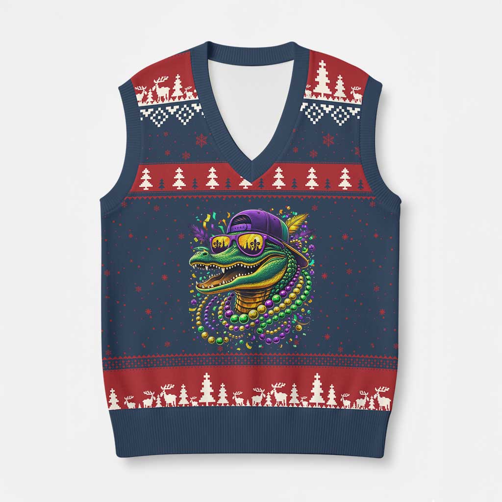 Mardigator Mardi Gras Alligator Carnival Beads V-Neck Knit Sweater Vest