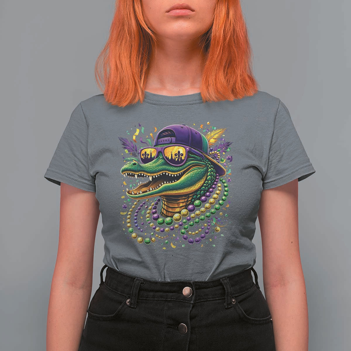 Mardigator Mardi Gras Alligator Carnival Beads T Shirt For Women