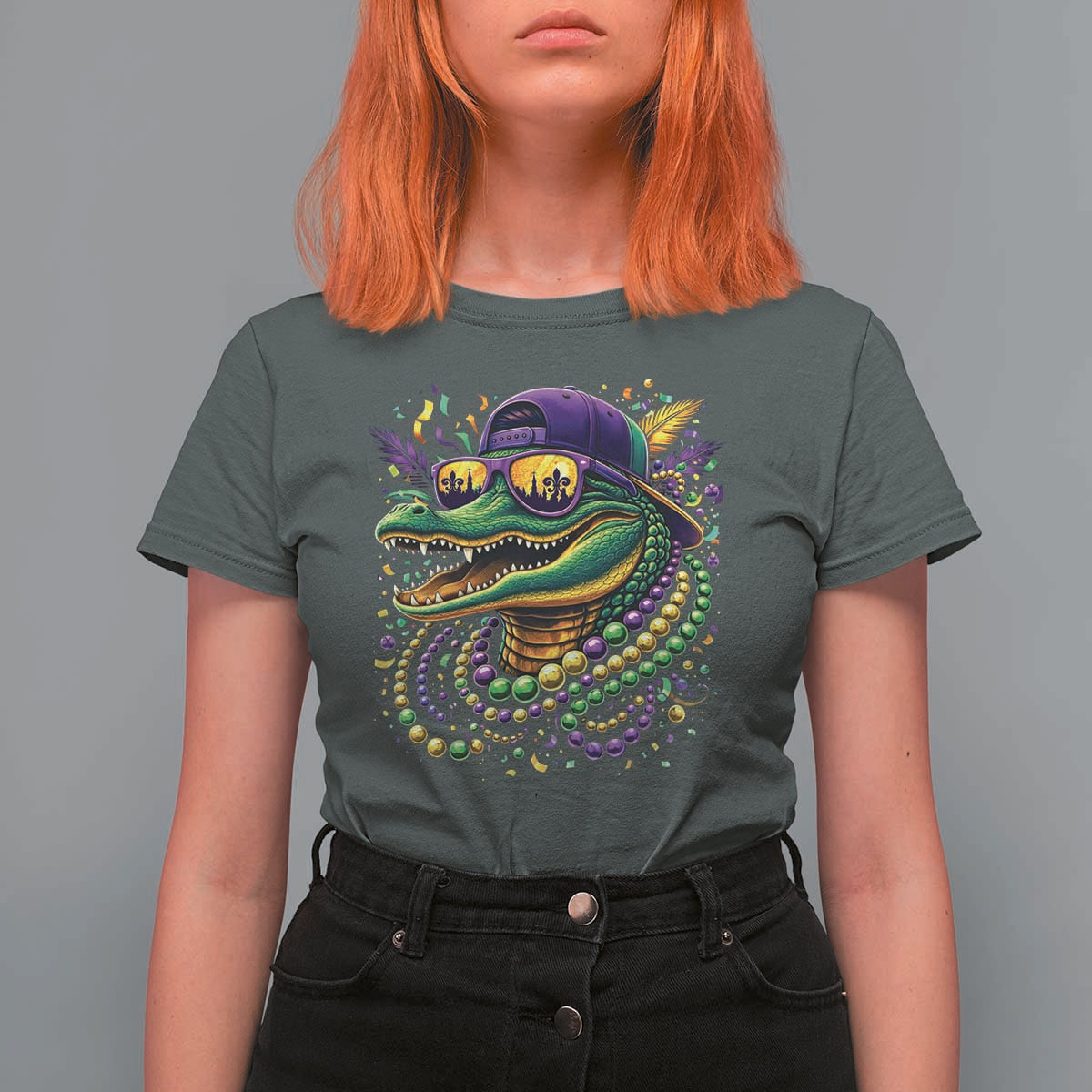 Mardigator Mardi Gras Alligator Carnival Beads T Shirt For Women