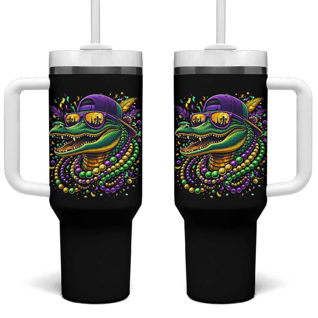 Mardigator Mardi Gras Alligator Carnival Beads Tumbler With Handle