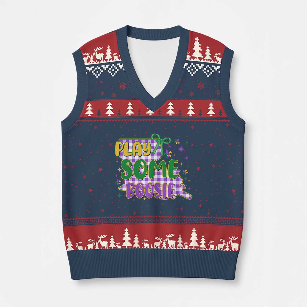 Play Some Boosie Mardi Gras V-Neck Knit Sweater Vest Funny Fat Tuesday Coquette Louisiana Carnival