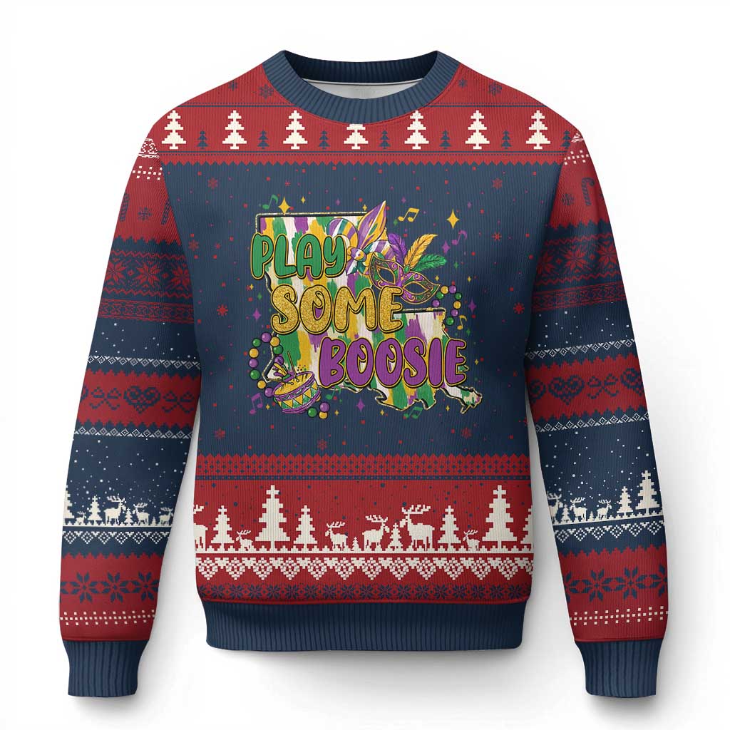 Play Some Boosie Mardi Gras Ugly Christmas Sweater Funny Louisiana New Orleans Carnival