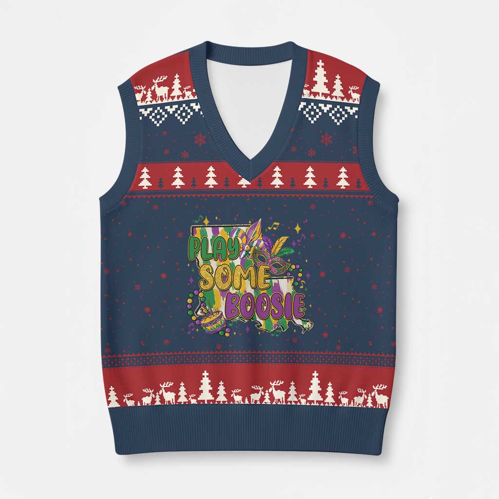 Play Some Boosie Mardi Gras V-Neck Knit Sweater Vest Funny Louisiana New Orleans Carnival