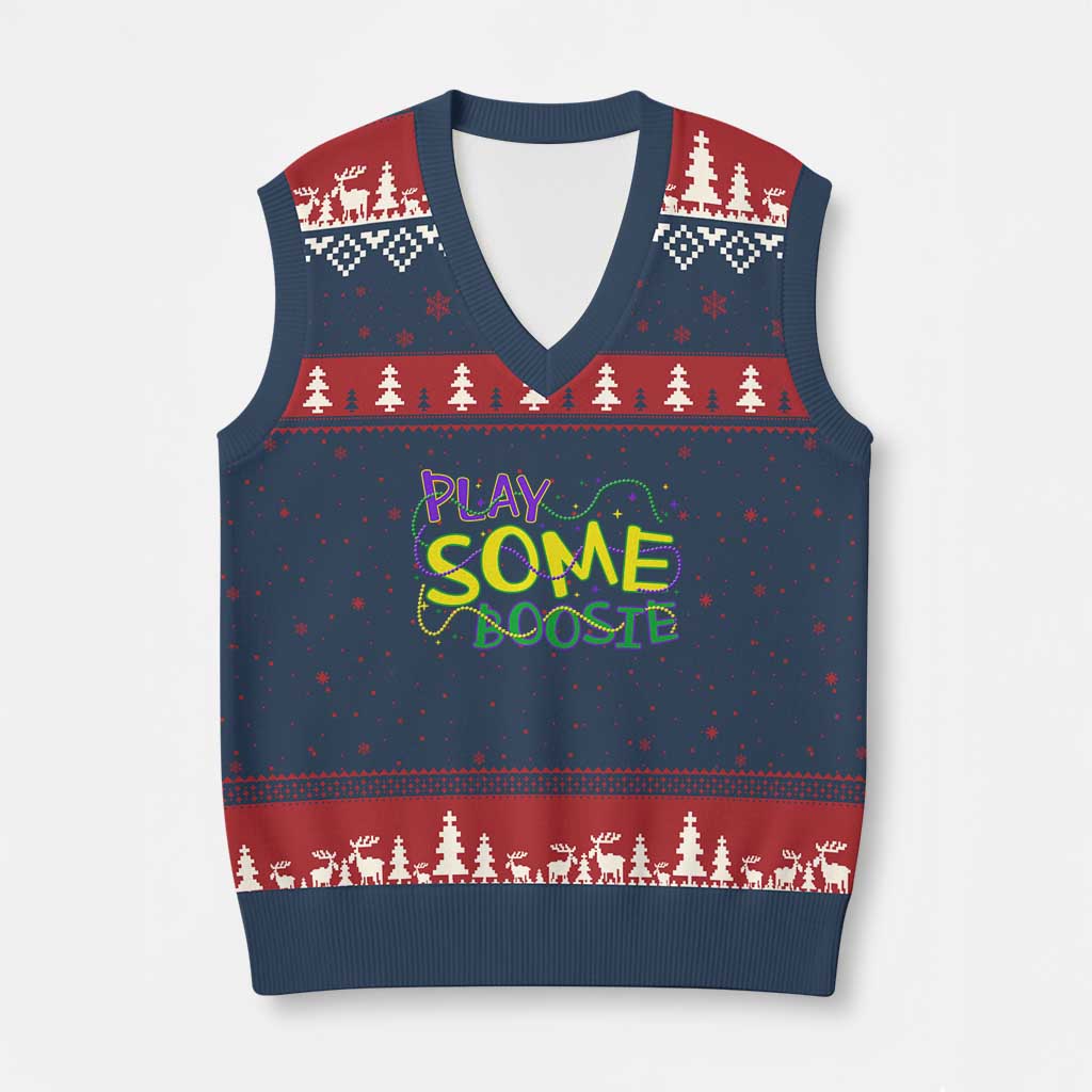 Funny Play Some Boosie Mardi Gras V-Neck Knit Sweater Vest Beads Carnival Louisiana