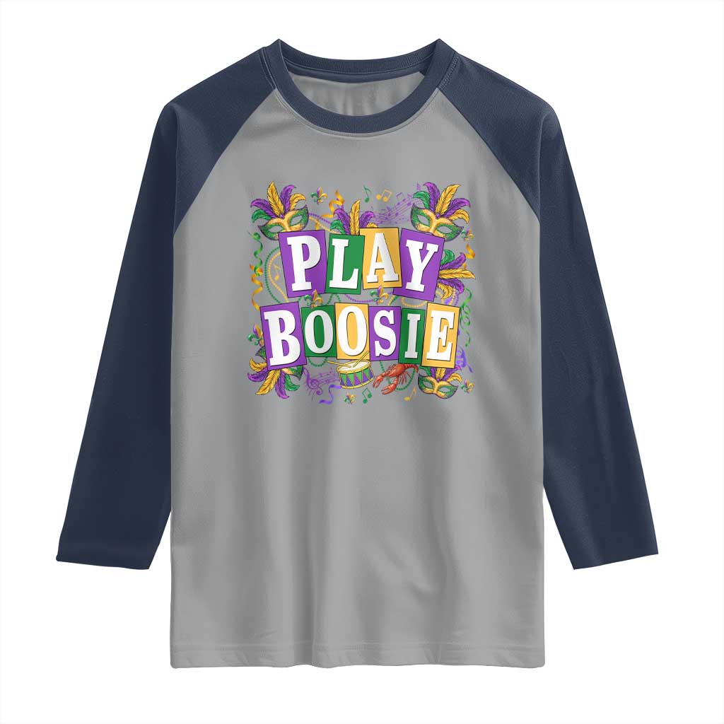 Funny Play Boosie Mardi Gras Raglan Shirt Fat Tuesday Carnival Fleur De Lis Music