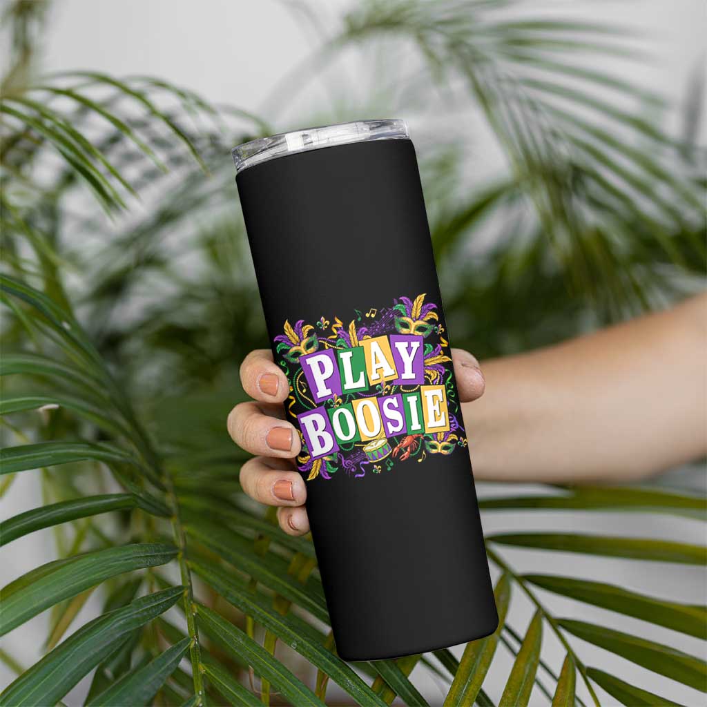 Funny Play Boosie Mardi Gras Skinny Tumbler Fat Tuesday Carnival Fleur De Lis Music