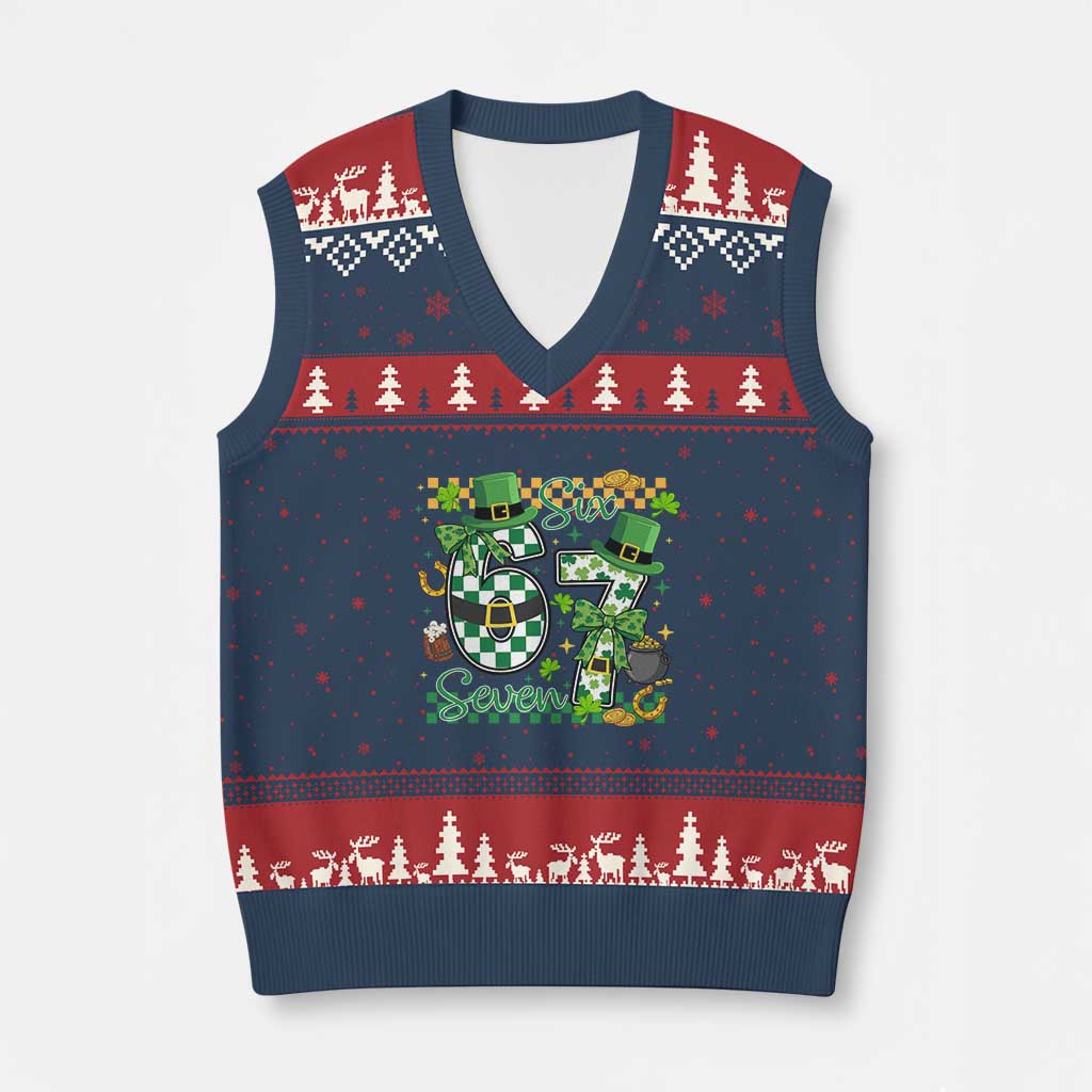 67 St Patricks Day V-Neck Knit Sweater Vest Funny Six Seven Meme Lucky Shamrock