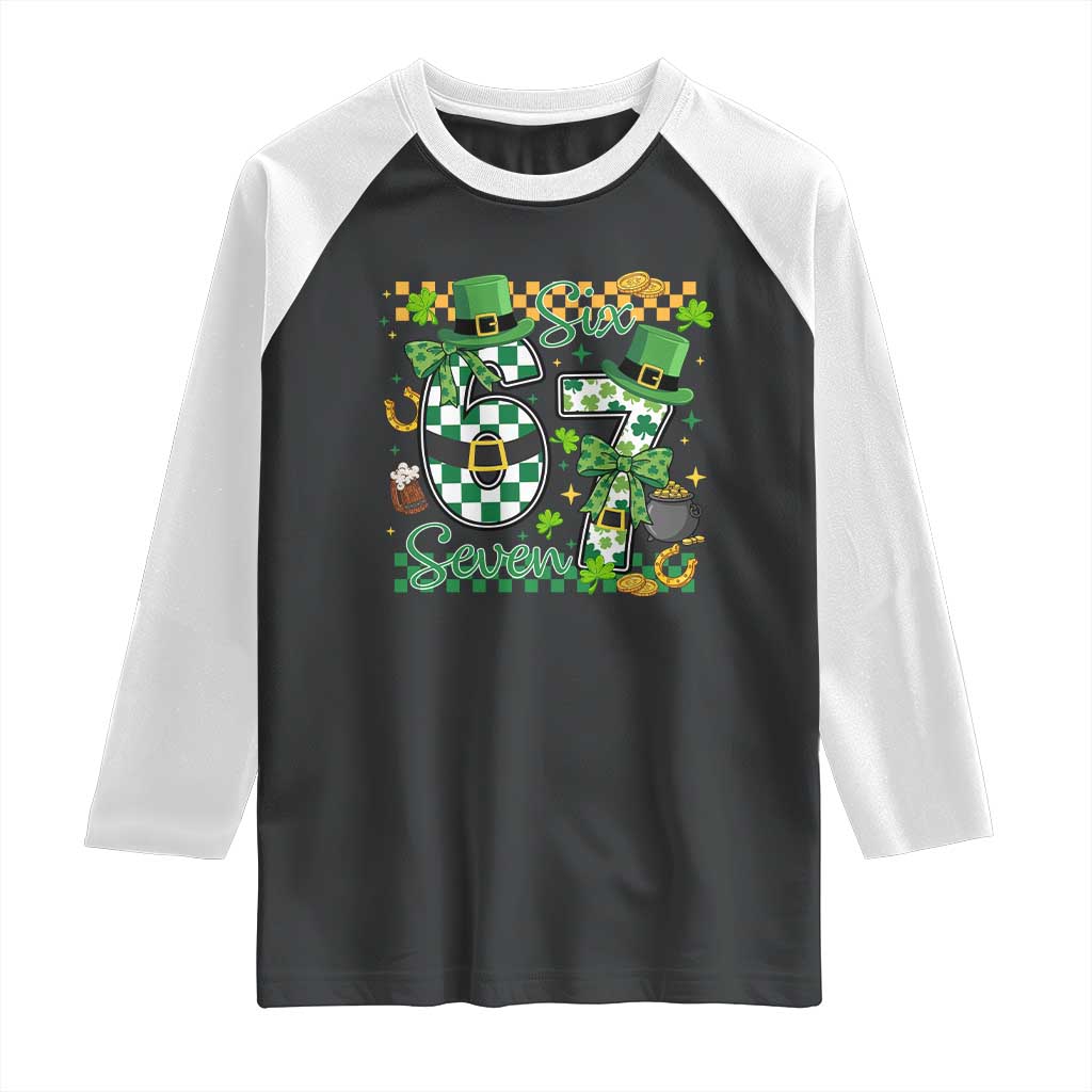 67 St Patricks Day Raglan Shirt Funny Six Seven Meme Lucky Shamrock
