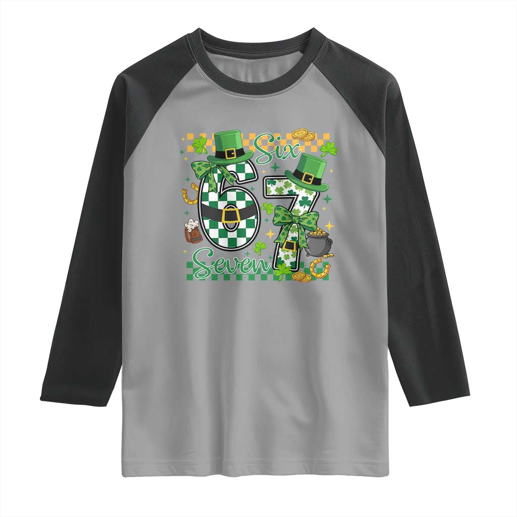 67 St Patricks Day Raglan Shirt Funny Six Seven Meme Lucky Shamrock