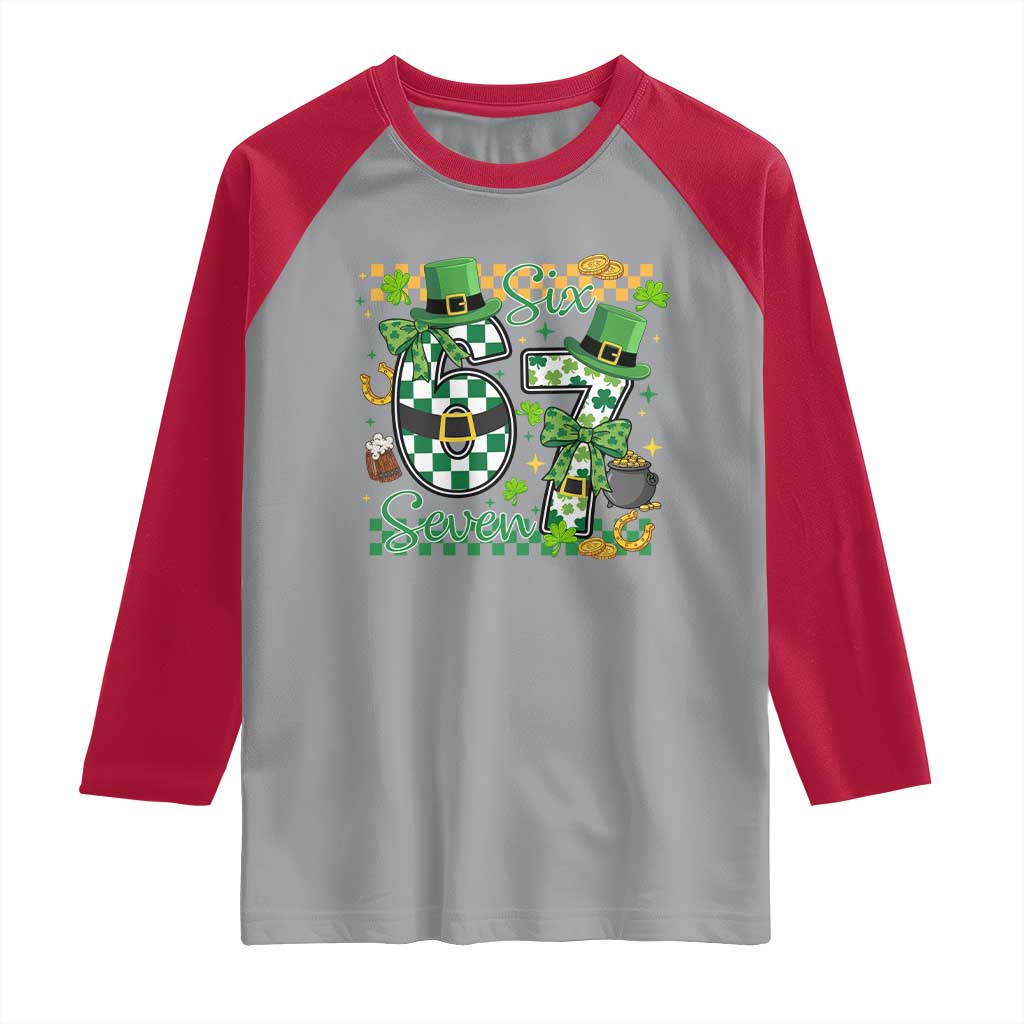 67 St Patricks Day Raglan Shirt Funny Six Seven Meme Lucky Shamrock
