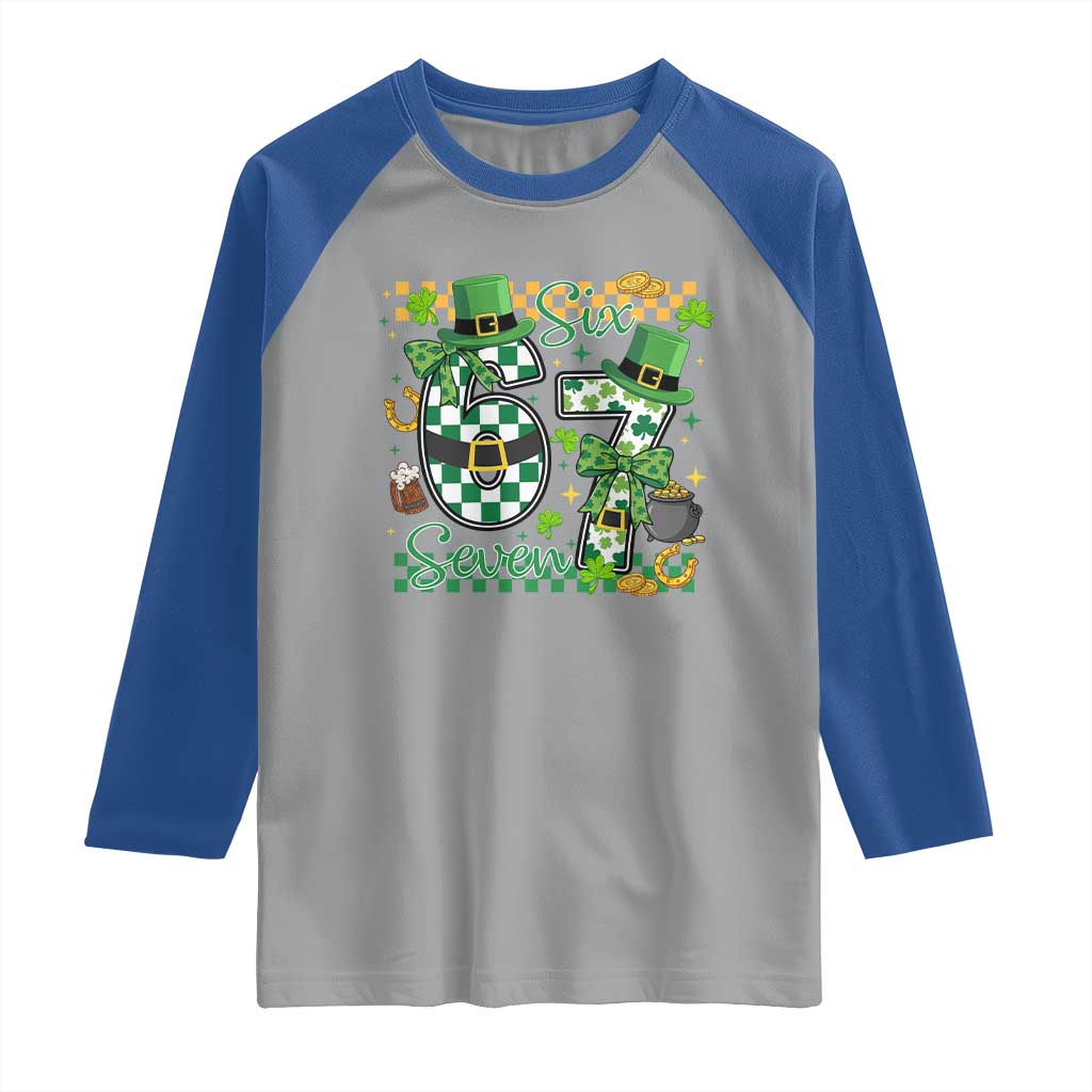 67 St Patricks Day Raglan Shirt Funny Six Seven Meme Lucky Shamrock