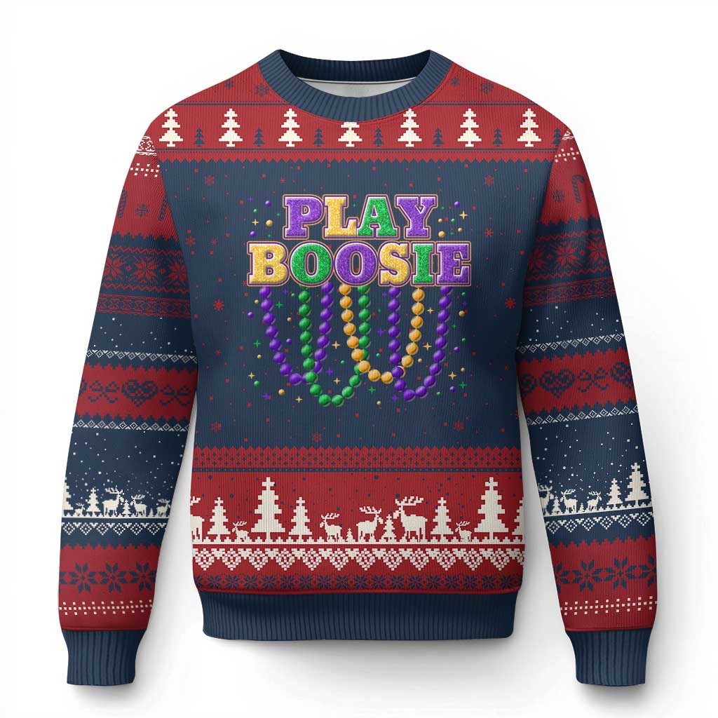 Funny Play Boosie Mardi Gras Ugly Christmas Sweater Beads Fat Tuesday Carnival