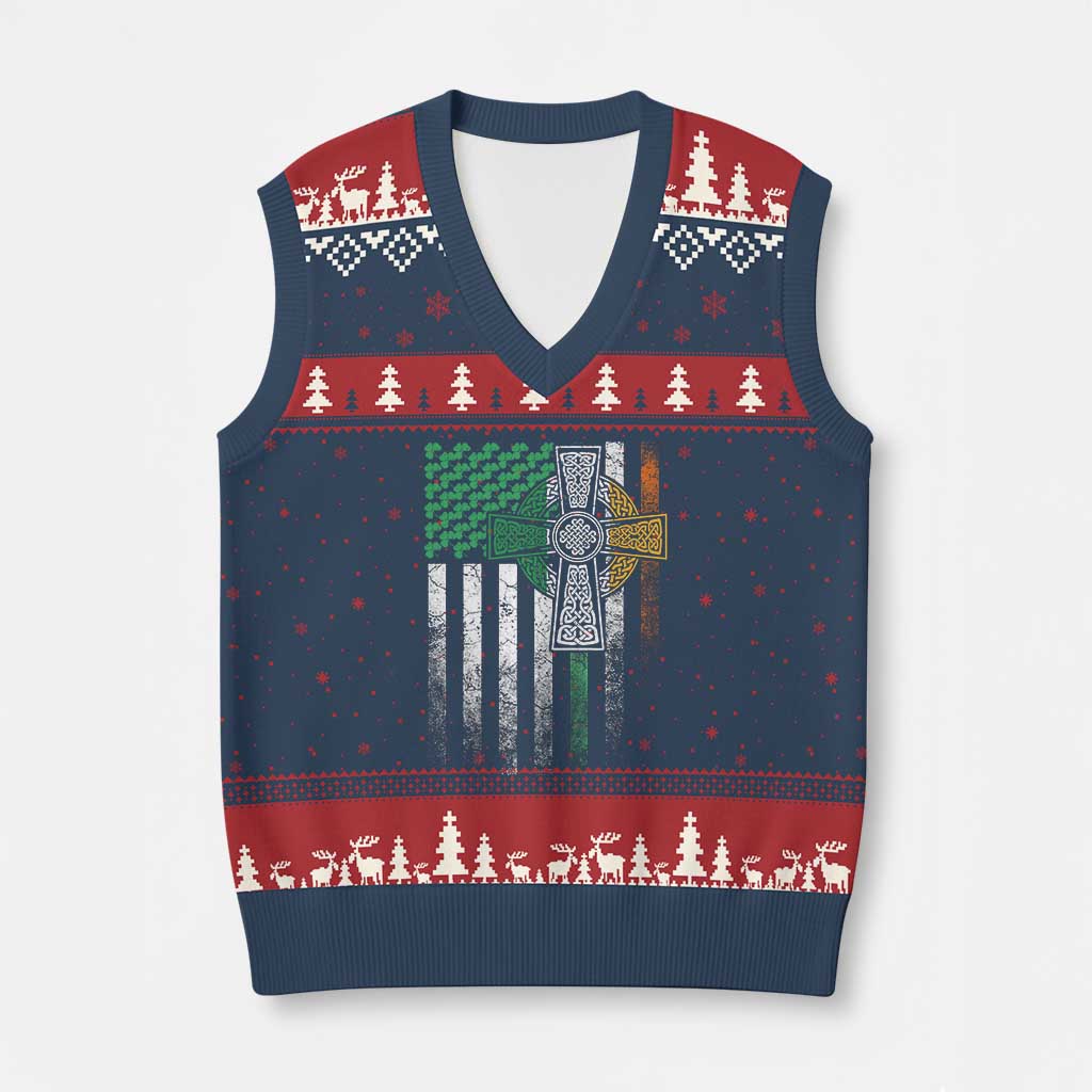 Irish Pride V-Neck Knit Sweater Vest American Flag Celtic Cross Shamrock St Patrick's Day - Wonder Print Shop